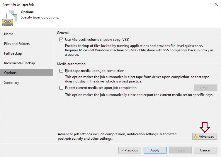 Specify tape job options Veeam