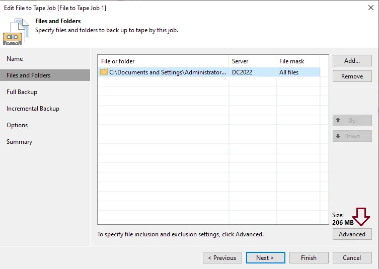Specify the files and folder Veeam