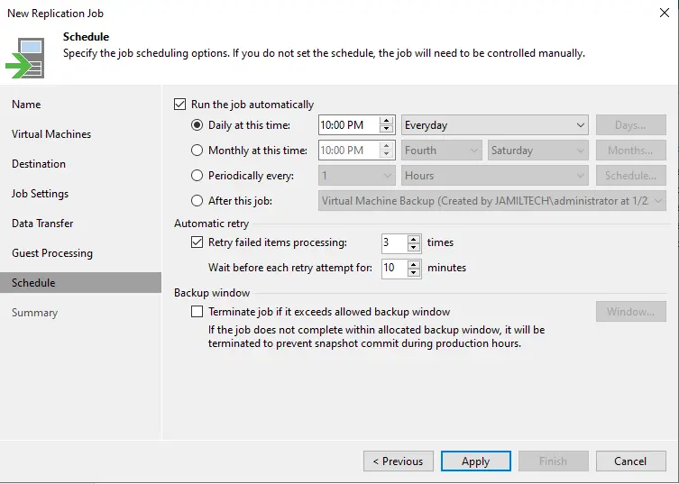 Specify the job scheduling options Veeam