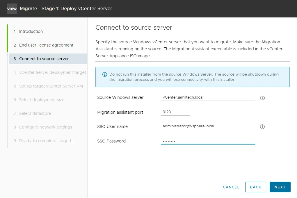 Specify the source Windows vCenter server