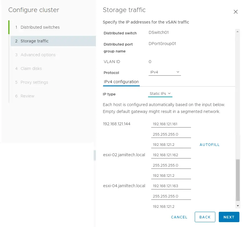 Specify the storage traffic cluster