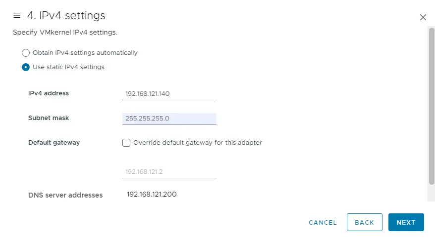 Specify vmkernel ipv4 settings