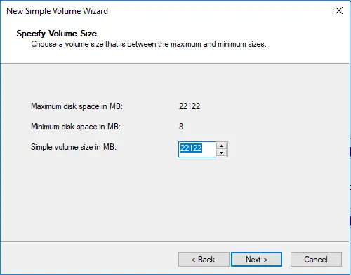 Specify volume size MB