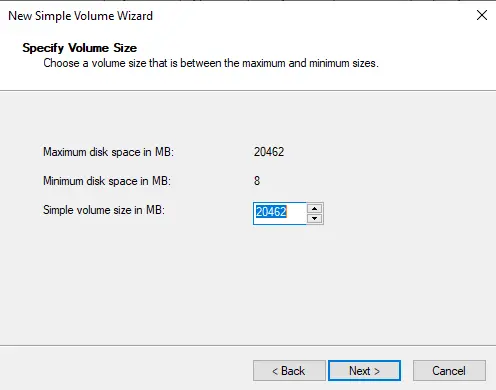 Specify volume size