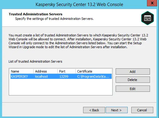 Specifying trusted Administration Servers KSC