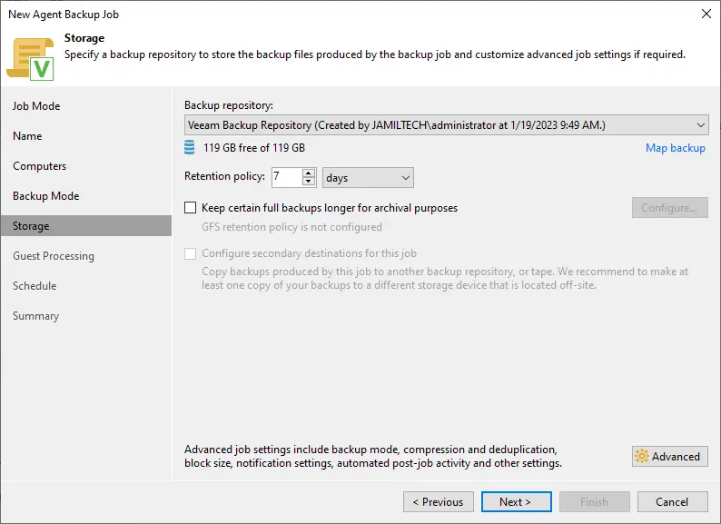 Storage for Veeam agent backup job