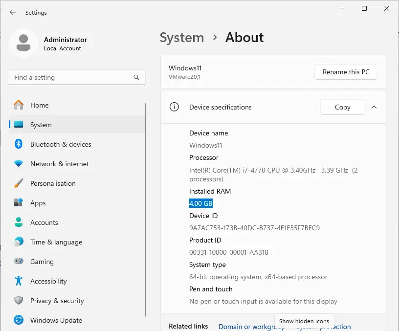 System about installed RAM