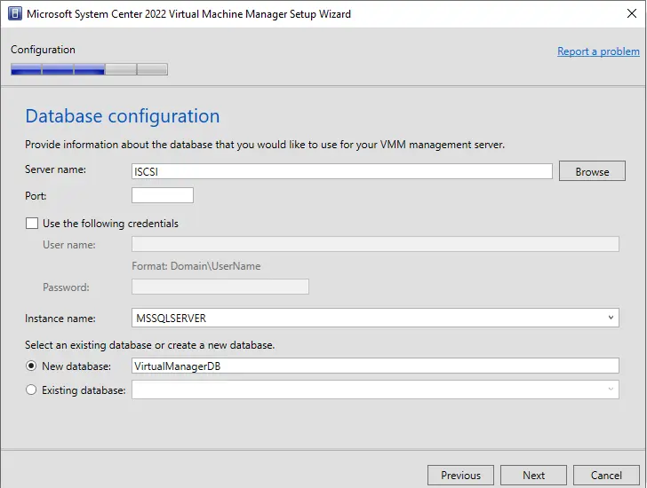 System center database configuration