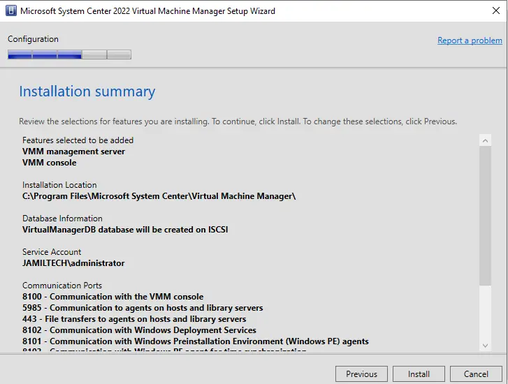 System center installation summary