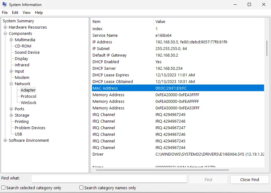 System information MAC address