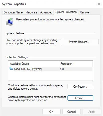 System properties create restore point