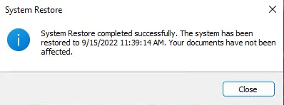 System restore completed successfully