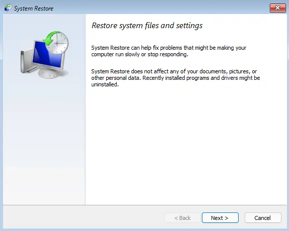 System restore files and settings