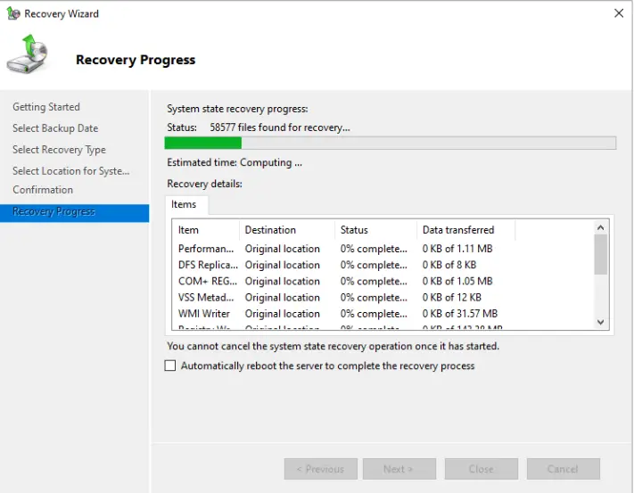 System state recovery progress