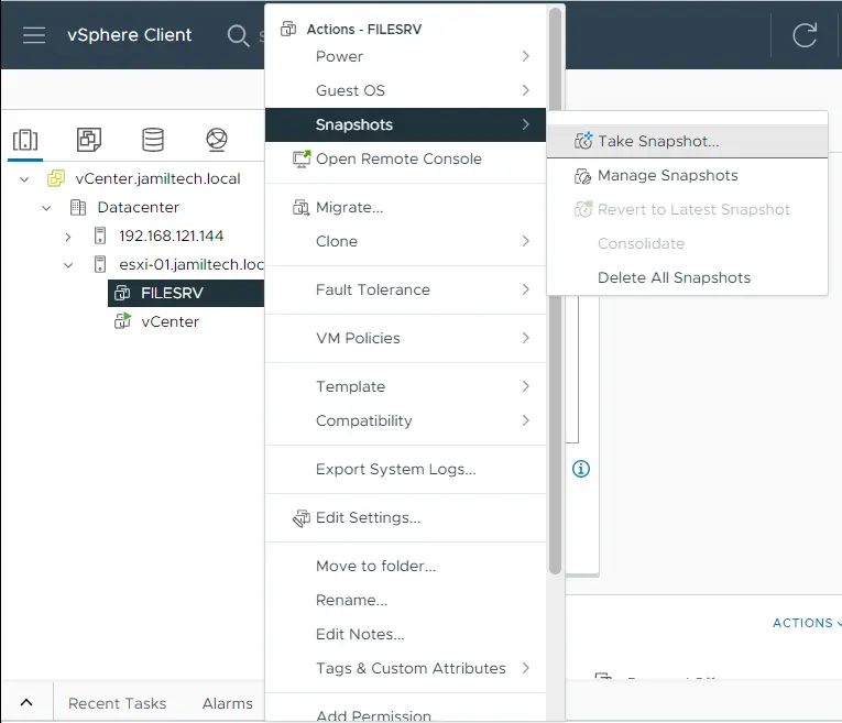 Take snapshot VMware vSphere client