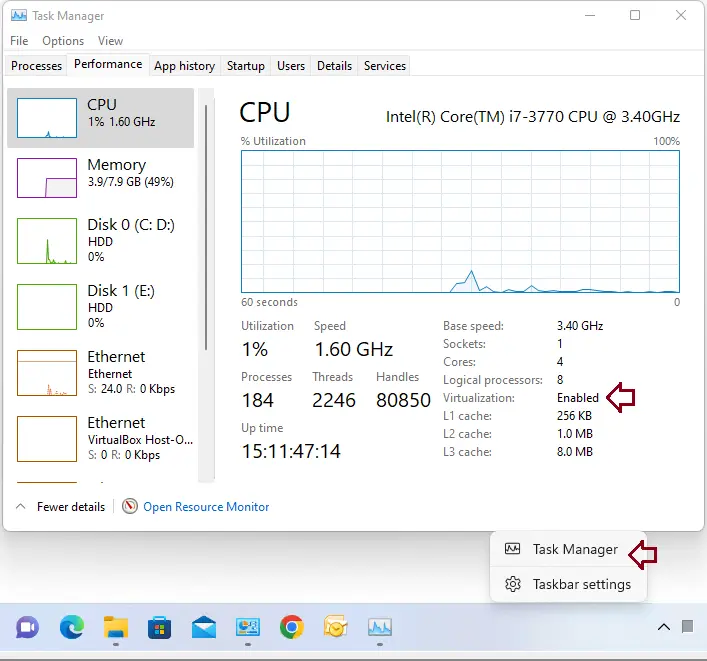 Task manager virtualization enabled