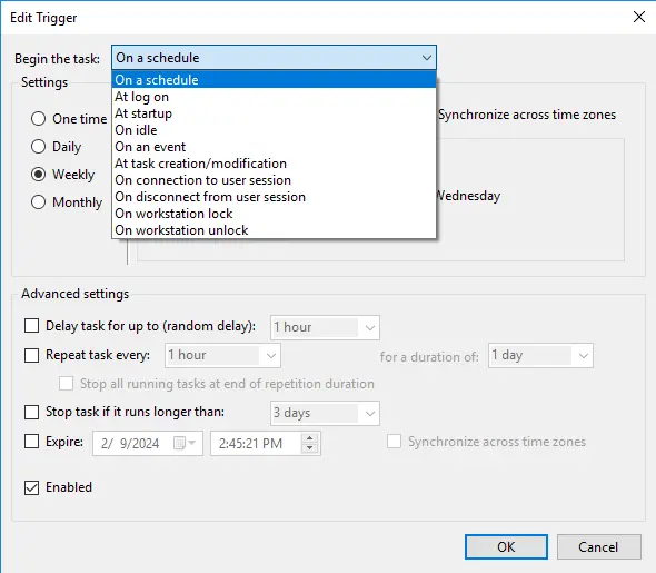 Task scheduler edit triggers