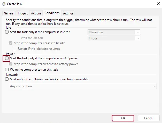 Task scheduler task conditions