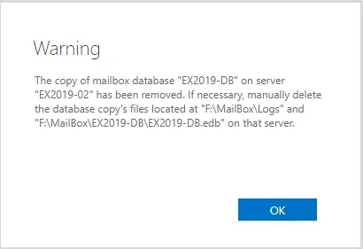 The copy of mailbox database warning