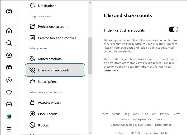 Hide like and share counts on Instagram