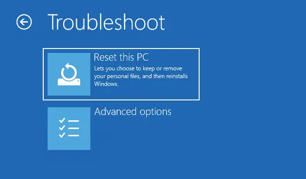 Troubleshoot reset this pc