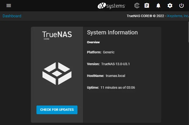 TrueNAS CORE dashboard