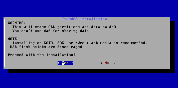 TrueNAS core installation warning