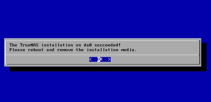 TrueNAS installation succeeded