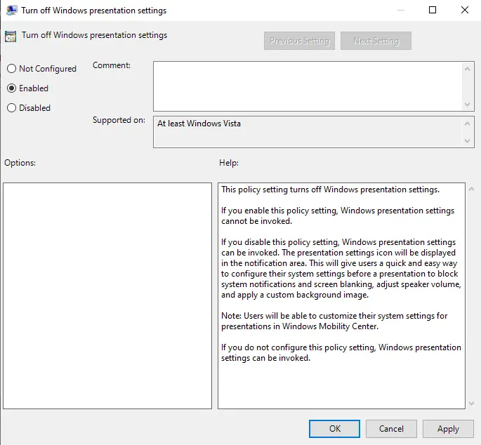 Turn off Windows Presentation Settings with GPO