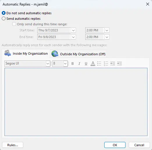Turn on or off out of office in outlook