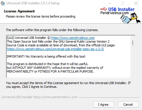 USB installer license agreement