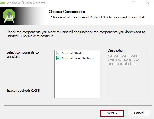 Uninstall Android studio choose components