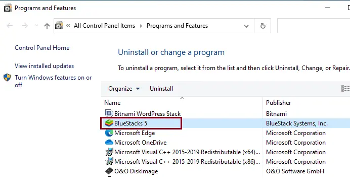 Uninstall BlueStacks Programs and features