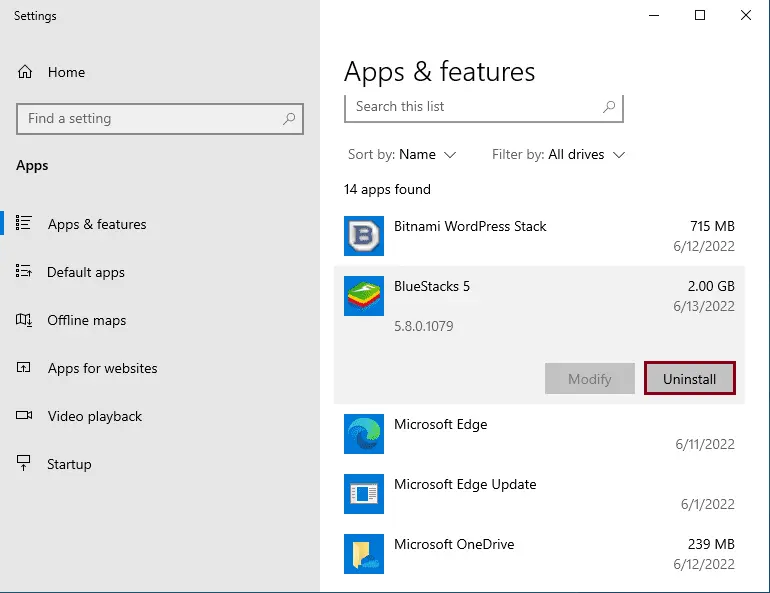 Uninstall BlueStacks app and features