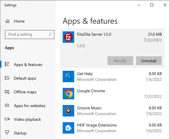 Uninstall FileZilla Server via Apps & features