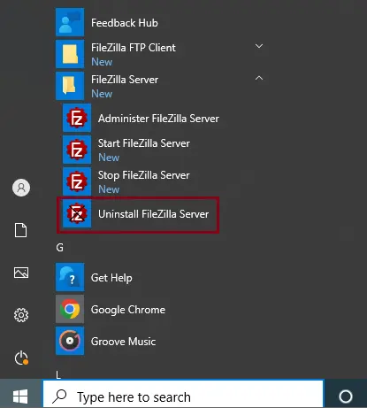 Uninstall FileZilla Server via start menu