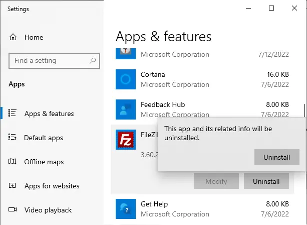 Uninstall FileZilla client via Apps & features