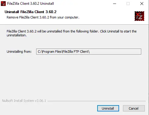 Uninstall FileZilla client wizard