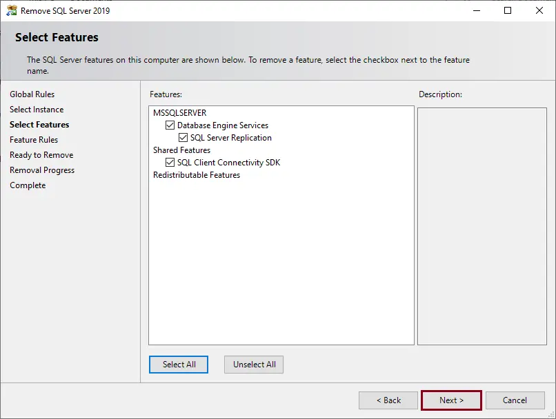 Uninstall SQL Server Express features