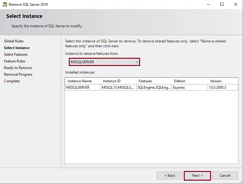 Uninstall SQL server express