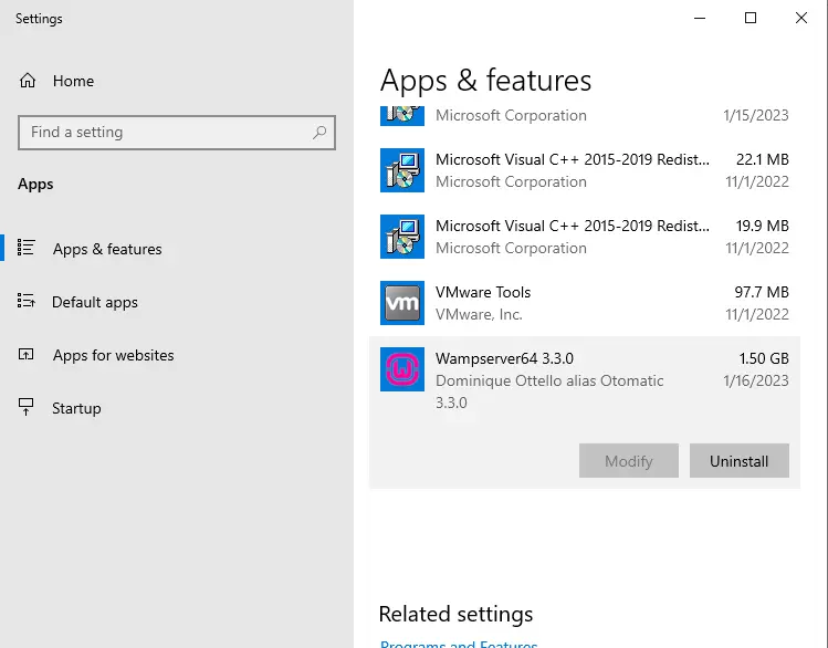 Uninstall WAMPServer app & features