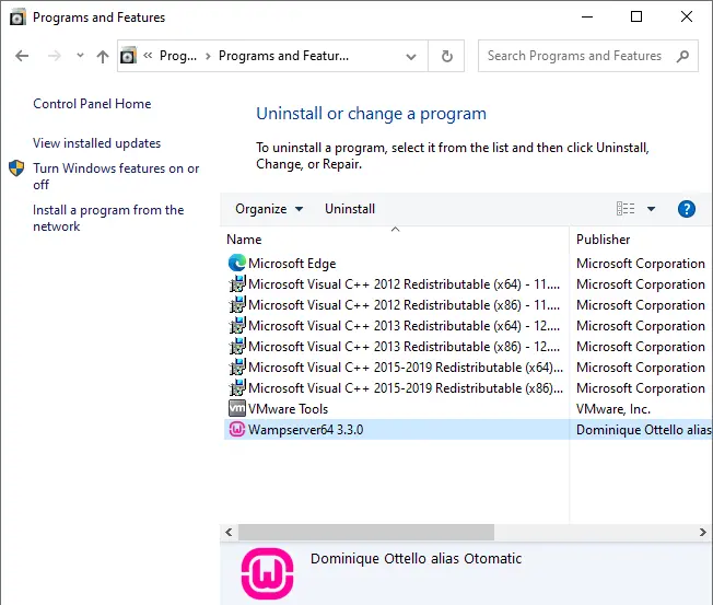 Uninstall Wampserver programs and features