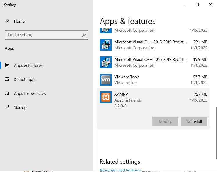 Uninstall XAMPP app & features