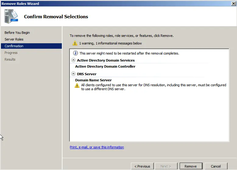 Uninstall domain controller confirm removal