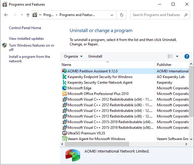 Uninstall or change a program