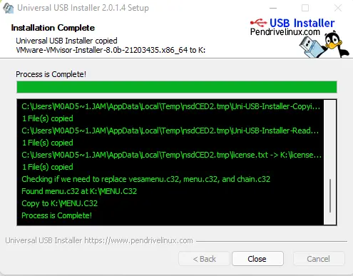 Universal USB installer copied