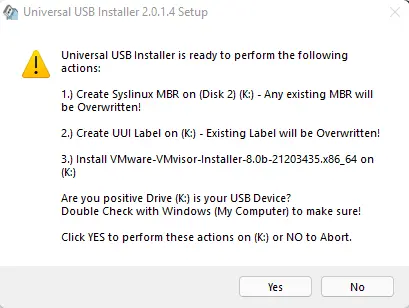 Universal USB installer warning