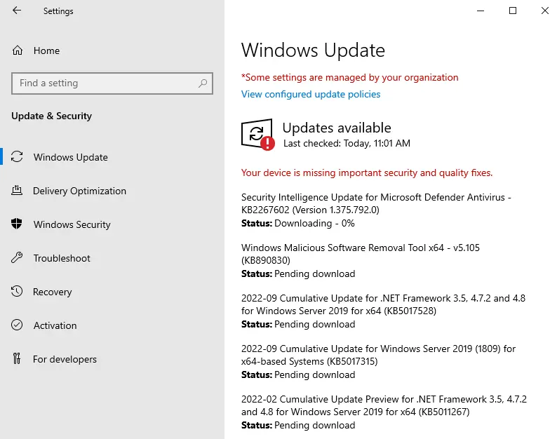 Update & security windows update