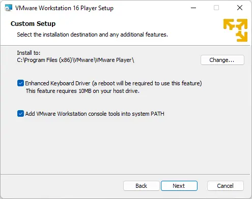 Upgrade VMware player custom setup