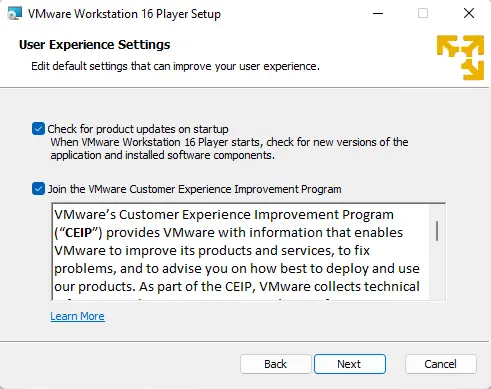 Upgrade VMware player user experience